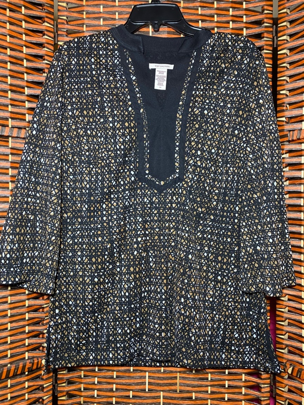 Covington Geometric Print Tunic Top Size Large NWOT Lined Black Tan White